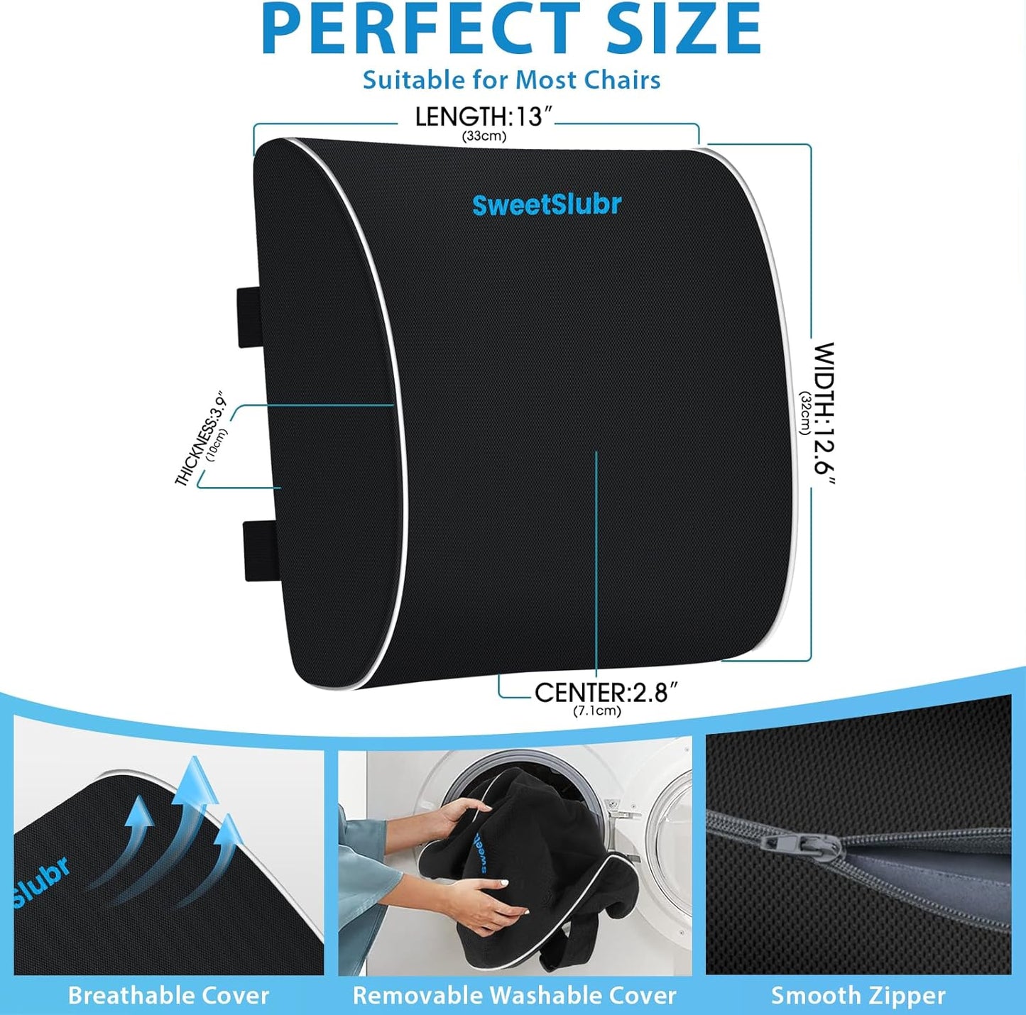 SweetSlubr Lumbar Support Pillow for Office Chair, Car & Gaming Chair, Ergonomic Memory Foam Cushion for Back Comfort, Zoned Back Support, Double Adjustable Straps, Breathable Washable Cover, Black