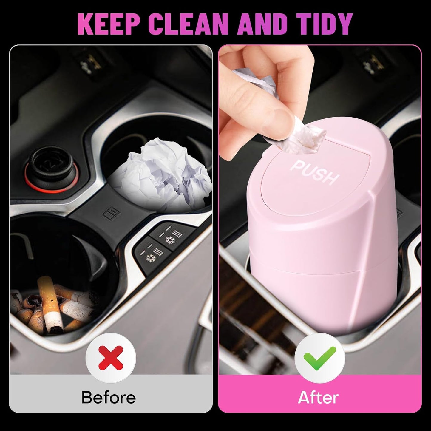 Car Trash Can Bin with Lid - Car Garbage Can Cup Holder - Pink Mini Leakproof Vehicle Garbage Bin with 20pcs Trash Bags - Automobile Organizers and Storage for Front Back Seat Accessories