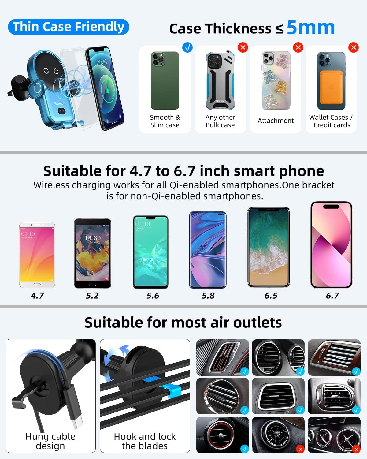 Bilious Wireless Car Charger, Phone Mount for Car Wireless Charger Smart Sensor Air Vent, Robot Automatic Clamping Phone Holder Compatible with iPhone 15/14/13/12/11/X, Samsung S22/S21/S20/N20（Blue）