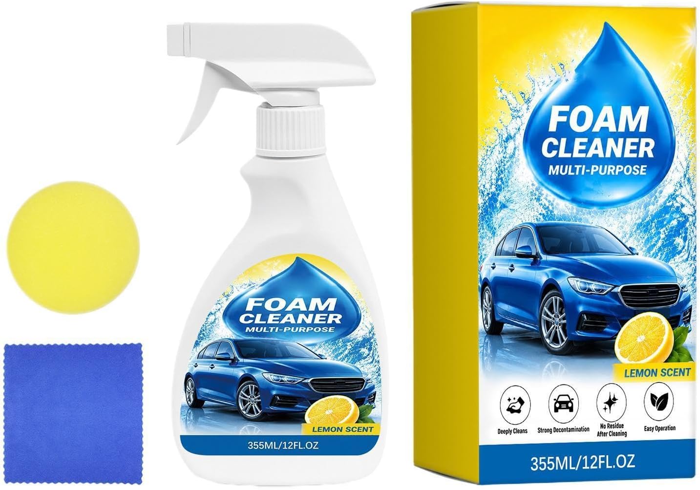 Foam Cleaner for Car 355ML Fruit Fragrance Seat Detailing Spray | with Sponge and Towel No Rinsing Car Seat Cleaner for Truck SUV RV Trailer Kitchen Upholstery Carpet Fabric