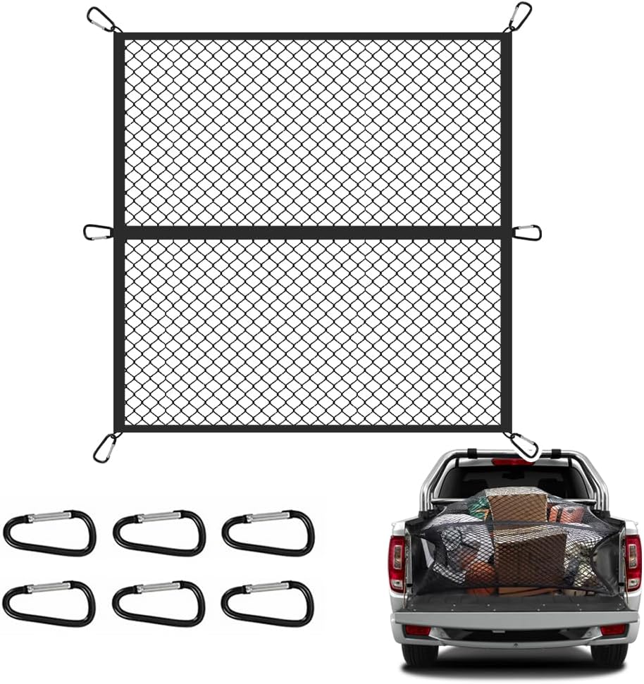 Foldable Cargo Net for Pickup Truck Bed,4' x 4' Ultra Strong Stretch to 8'x8' Truck Bed Organizer Includes 6 Pcs Carabiner Clips,Dual Use Cargo Net for Trucks SUV Car Trunks Organizer