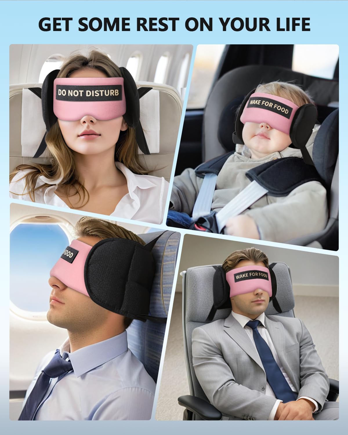Travel Pillows for Airplanes, Airplane Pillow for Long Flights Sleeping with Eye Mask, 360° Support Plane Head Strap Travel Essentials for Air Travel Sleep Neck Upright, Stop Head Nodding(Pink)