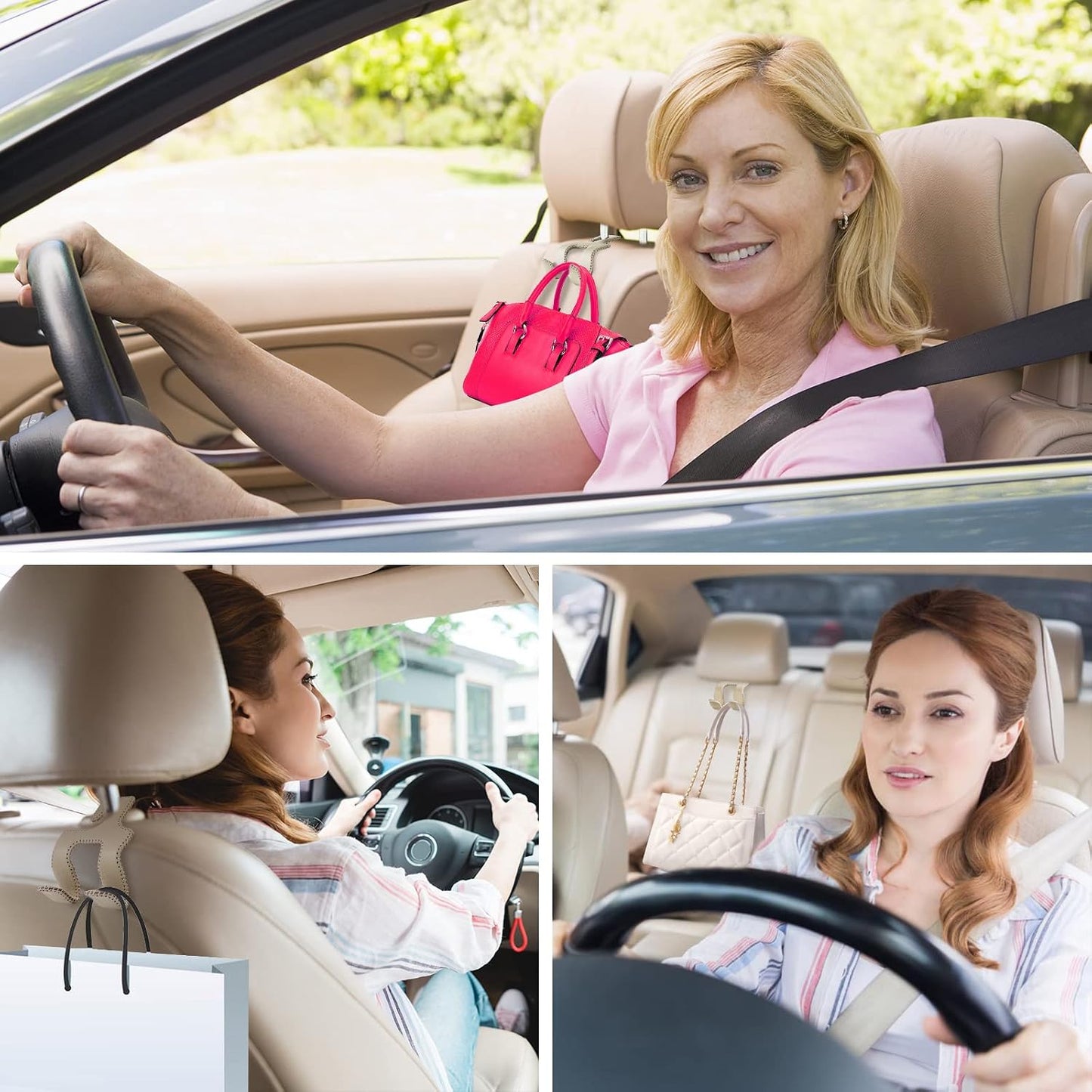 Upgraded Headrest Hooks for Car, 2 in 1 Back Seat Purse Holder Hook Genuine Leather Head Rest Hangers Vehicle Organizer Accessories for Hanging Grocery Bags, 1 Pack, Beige
