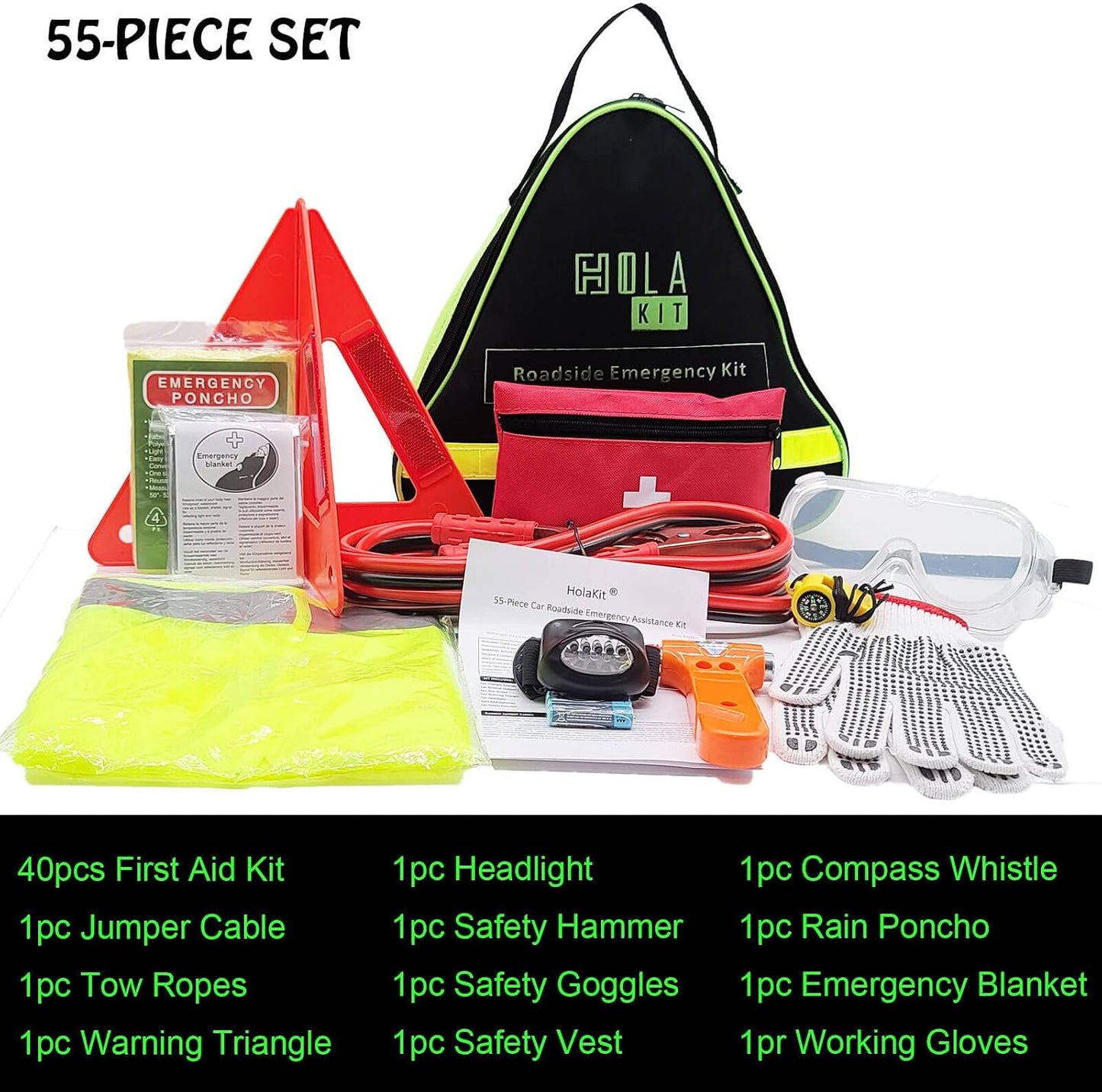 HolaKit Auto Emergency Kit, 55-Piece Car Emergency Roadside Kit with Jumper Cables, First Aid Kit, Safety Hammer, Goggles, Tow Ropes and More Ideal Car Essential Accessories for Women and Men