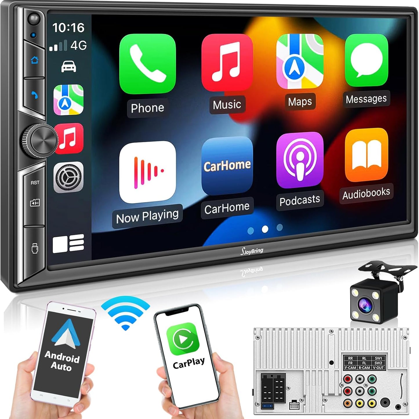 7" Double Din Car Stereo Compatible with Wireless Apple CarPlay & Android Auto, 240W 4.2-Channel Dual Subwoofer Ports, Touchscreen, Bluetooth 5.3, Mirrorlink, Backup Camera, FM/AM Car Radio