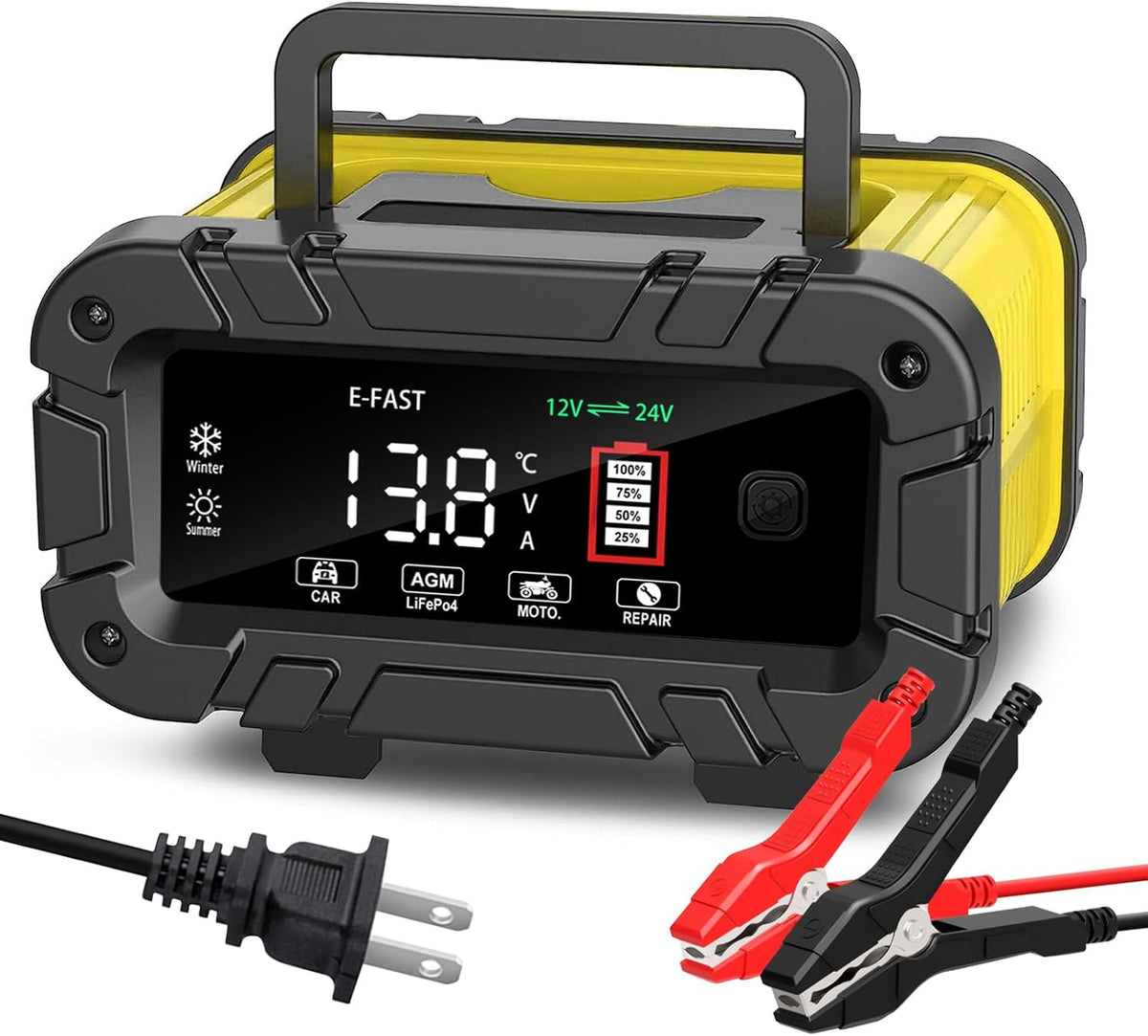 E-FAST 20A Smart Car Battery Charger, 12V 24V Maintainer & Desulfator - Compatible with LiFePO4 Lithium, AGM, Gel, SLA, Deep Cycle - High-Power Trickle Charger for Car, Truck, RV, Boat, Marine