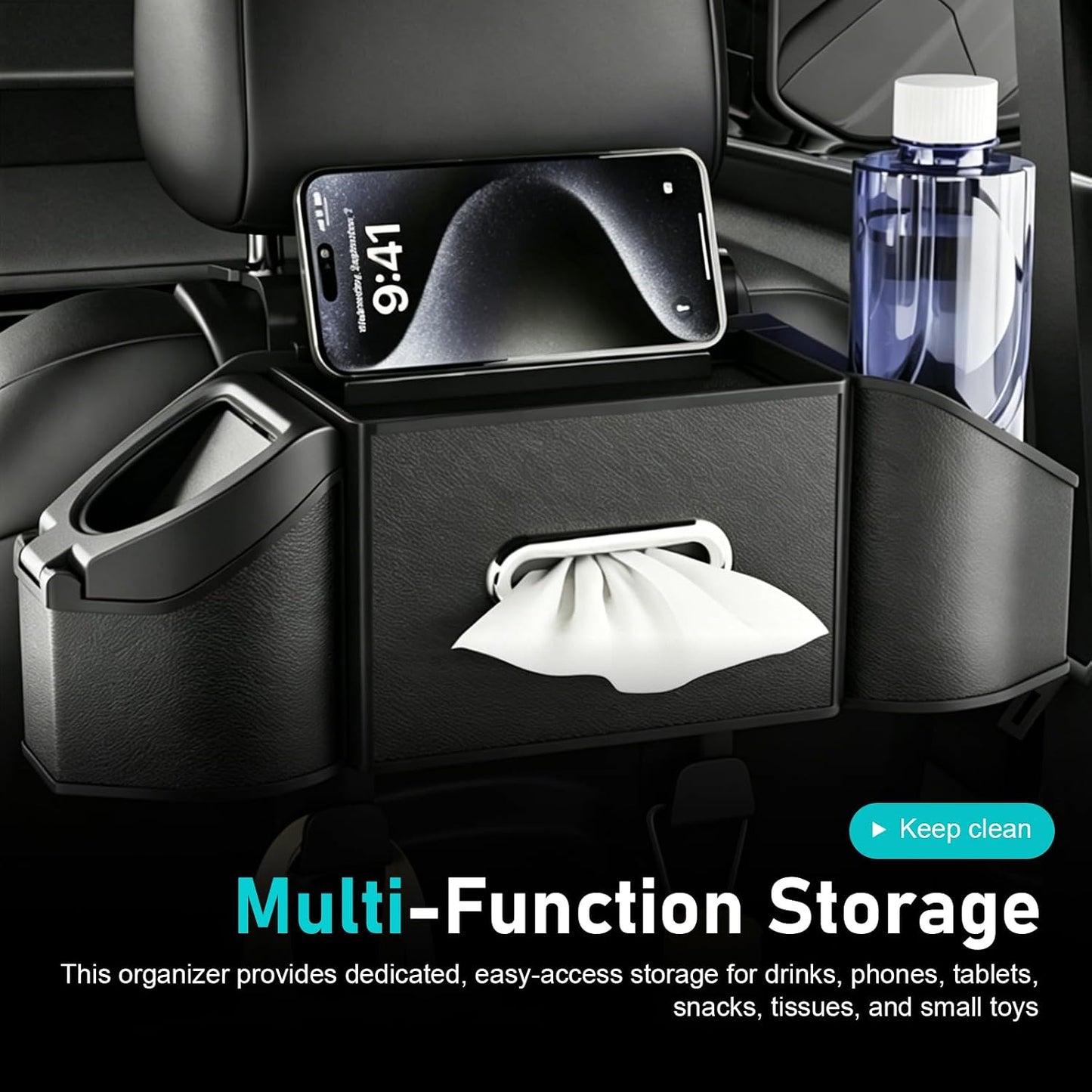 7-In-1 Car Organizer, Multifunctional Car Seat Back Organizer Box with Cup Holders, Tissue Box, Trash Can & Hooks, for Hold Phone, Snacks, Drinks, Handbag (Black)