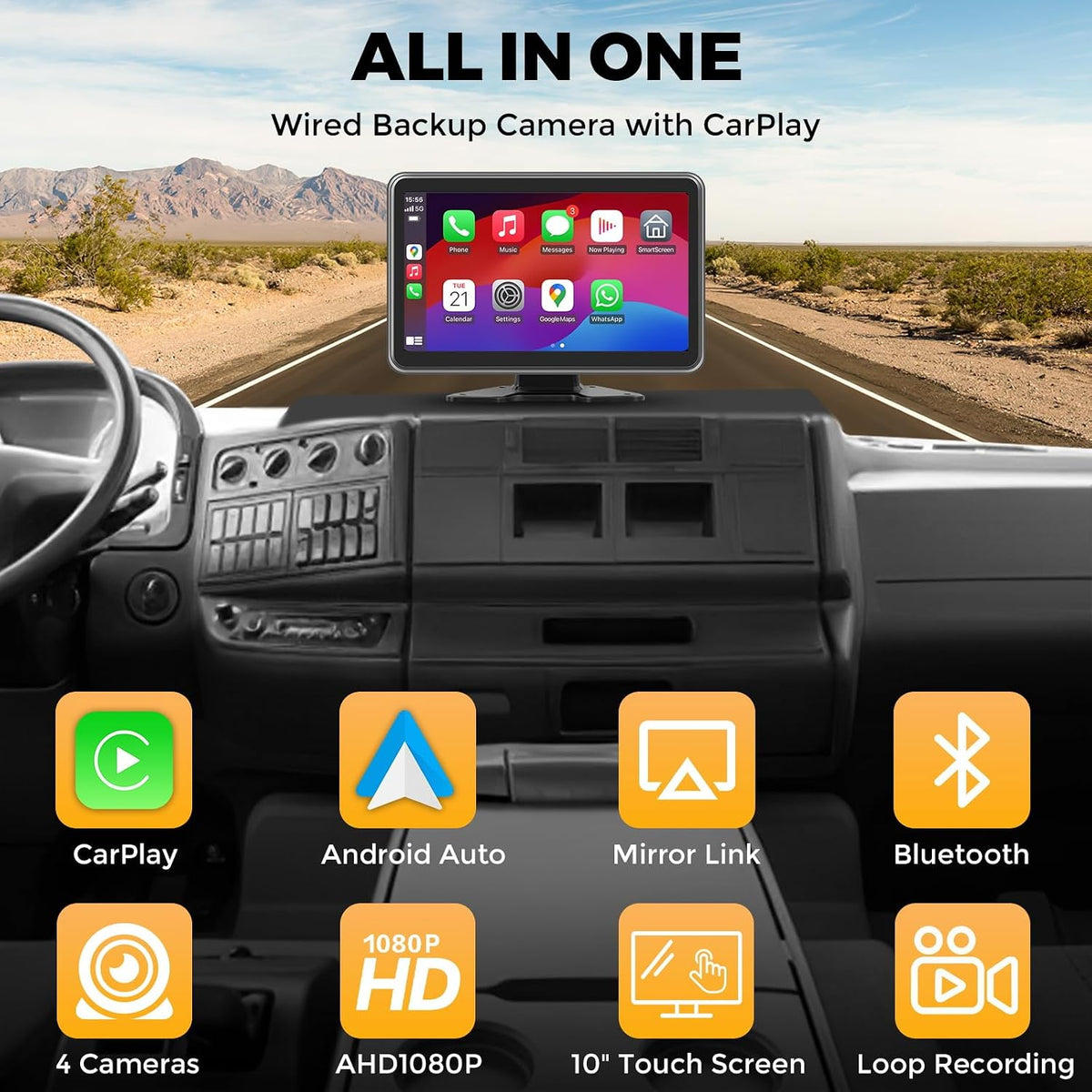 RV Truck Camera System with CarPlay & Android Auto,4 Channel HD1080P IP68 Wired Backup Camera for Semi Trucks, RVs, Trailers, 10'' Touch Screen with DVR Recording & 64GB Micro SD Card.