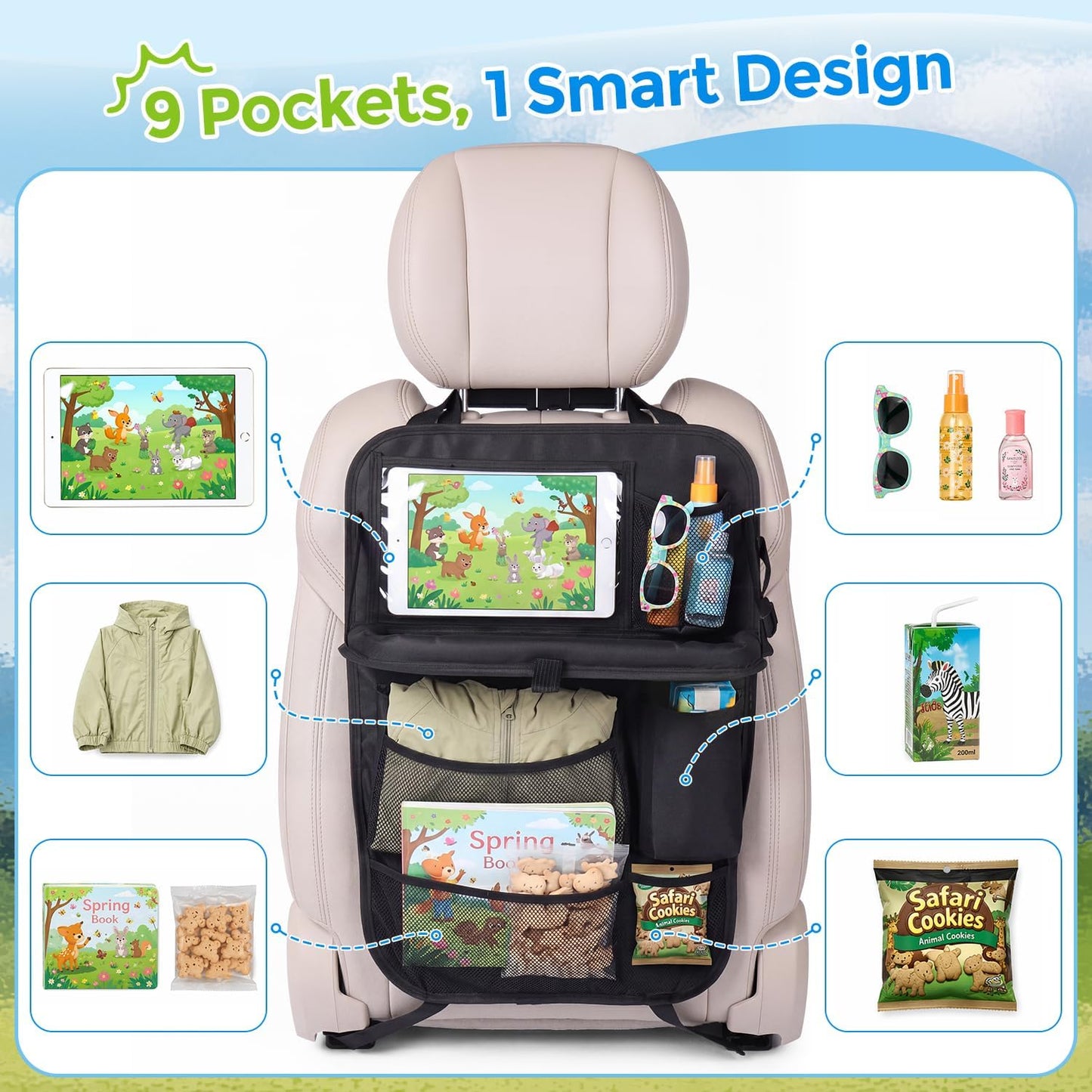 Tsumbay Backseat Car Organizer with Foldable Tray, 9 Pockets, Kick Mat Seat Protector, 18KG Capacity, Waterproof Oxford Fabric for Kids, Family Travel - for Car, SUV, Van (Oxford-2Pck)