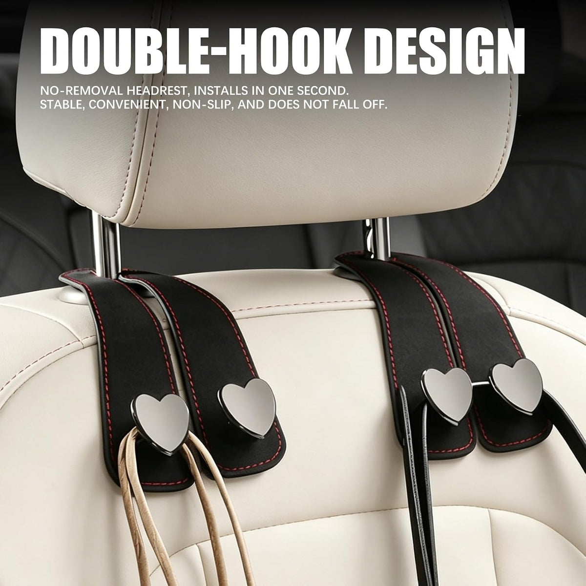 2PCS Car Seat Headrest Hook, Car Purse Holder, Suede Heart-Shaped Double Hooks Headrest Organizer, Heavy-Duty Multi-Functional Automotive Back Seat Phone Holder Universal for Most Vehicles