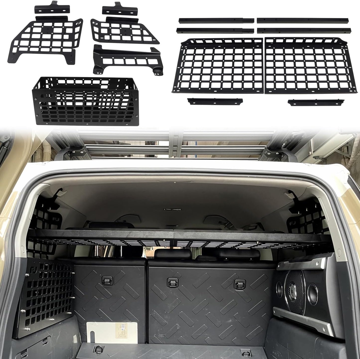 L2R for Toyota FJ Cruiser (XJ10) 2007-2024 Molle Panel Car Modular Storage Panel Shelf Modification Rear Trunk Interior Luggage Storage Carrier Organizer Kit (Side Panel + Trunk Shelf + Storage Boxes)