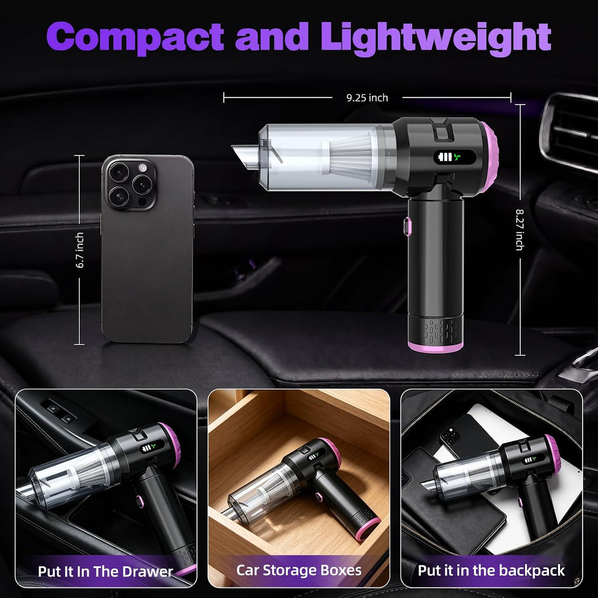 Wansimoo Handheld Car Vacuum Cleaner,25000PA Strong Cyclonic Suction Car Vacuum Portable Cordless with Digital Display Mini Vacuum for Car, Home, Office, Kitchen (Purple)