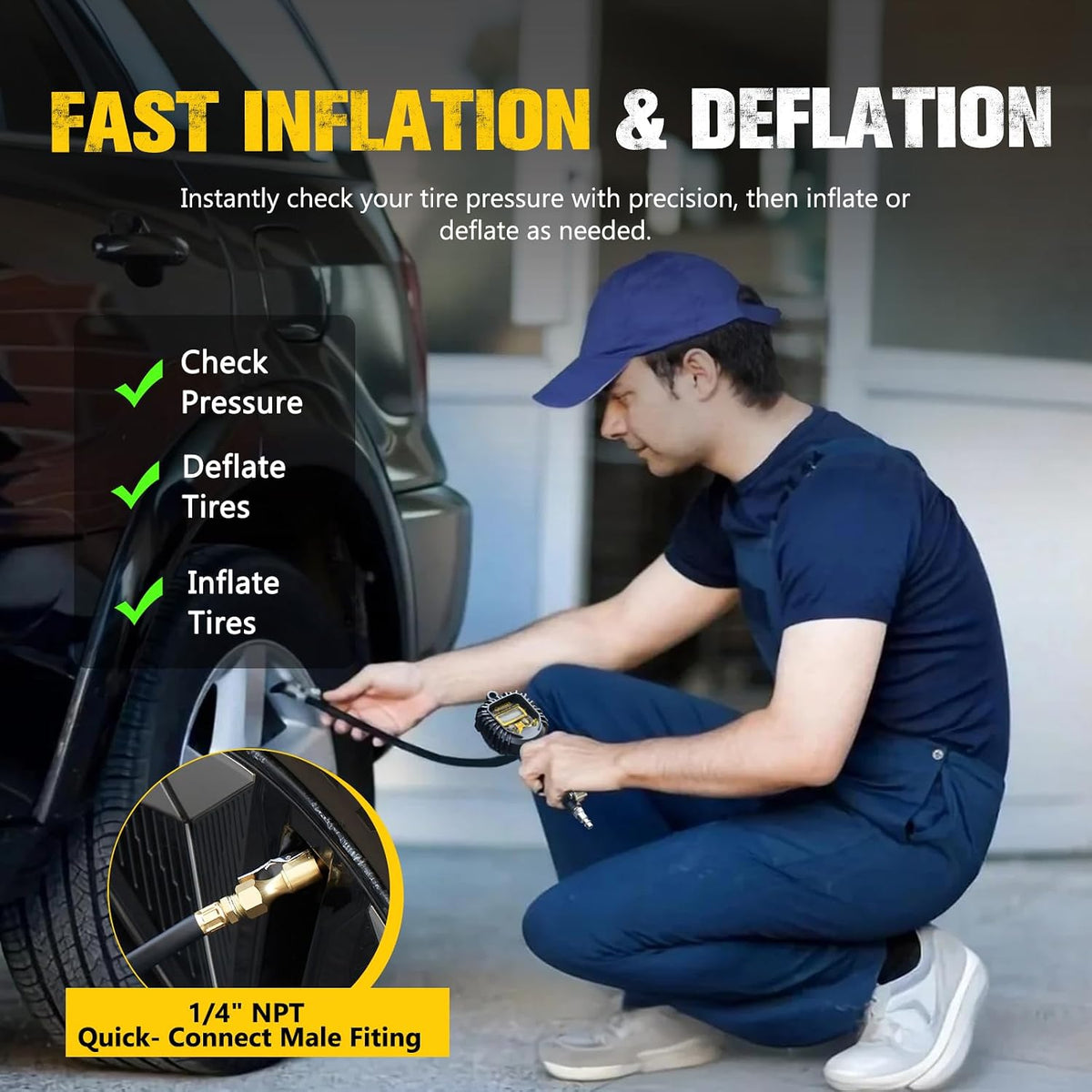 BUNKER INDUST Digital Tire Inflator with Pressure Gauge, Heavy Duty Air Chuck and Compressor Accessories with Built-in Top Light and Quick Connect Coupler, 0-250 PSI