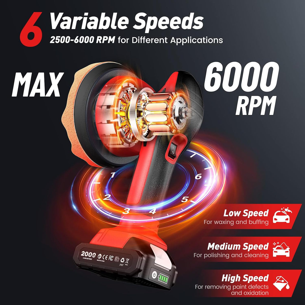 6 Inch Cordless Car Buffer Polisher kit w/ 2x2000mAh 21V Batteries