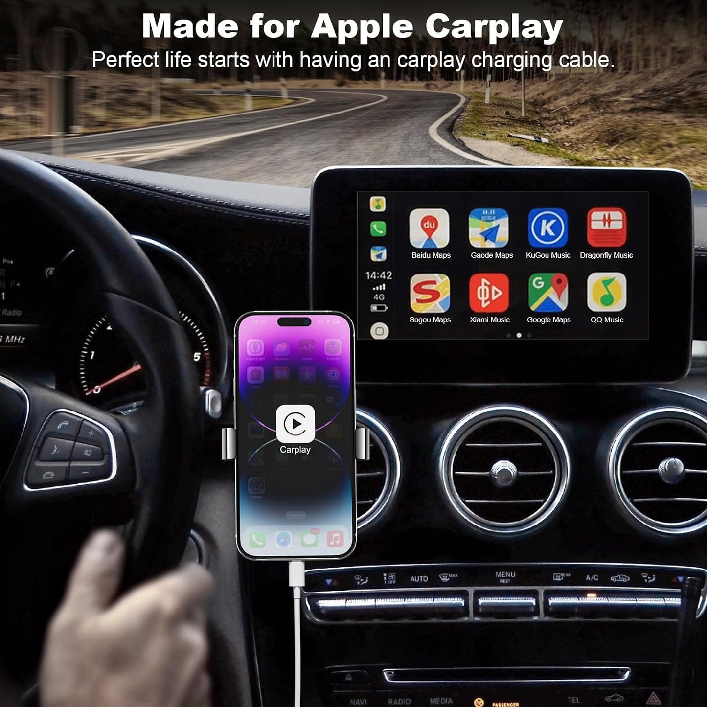 Cveael Car Carplay Cable, 6FT Car Charger Cord, USB A to Lightning Cable Compatible for iPhone 14 13 12 11 Pro Max XR XS X 8 7 6 Plus SE iPad Charging Cord (White)