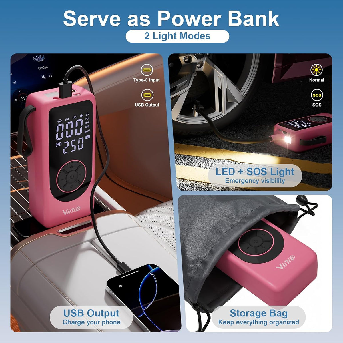 Vinid Tire Inflator Portable Air Compressor, 6000mAh Battery with Cigarette Lighter Adapter, 90W Fast Inflation, 6 Modes, Digital Display, Storage Bag & Handle, for Car Tires, Bike, Motorcycle, Ball