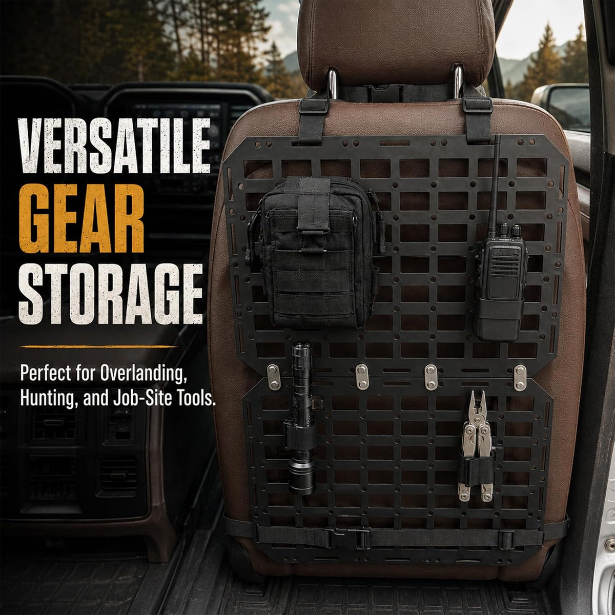 Automotive Seat Back Organizer Rigid MOLLE Panel | Universal Fits Trucks, SUVs and Outdoor Adventures, Tactical Gear and Tool Storage