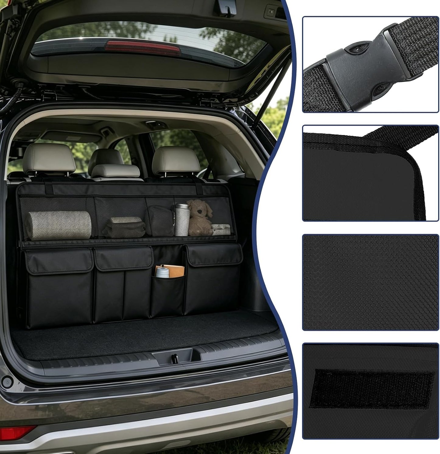 wuyaoyao Car Trunk Organizer, 9 Pockets Large Capacity Vehicle Backseat Hanging Storage Bag, Space Saving Automotive Seat Back Trunk Cargo Organizer Bag for SUV, Universal Car Accessories (Black)