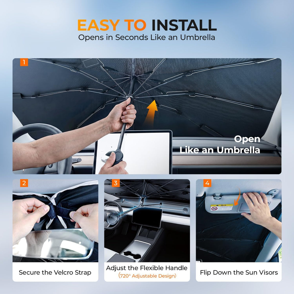 [2026 Upgraded] DooGooCoo Windshield Sun Shade Umbrella for Tesla Model Y, Model 3 [100% Sunlight Blocked, Cooling Ice Crystal] Sunshade for Car Windshield for Model Y & Model 3 Sunshade 2017-2026.