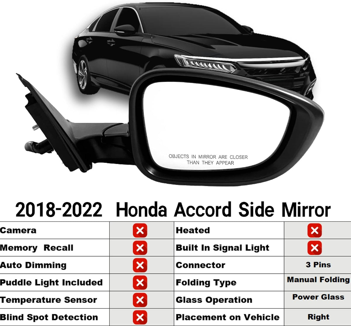 Passenger Side Mirror Compatible With 2018-2022 Honda Accord LX, Sport,With Power Glass,Non-Heated/No-Turn Signal/Manual Folding 3Pins,Black