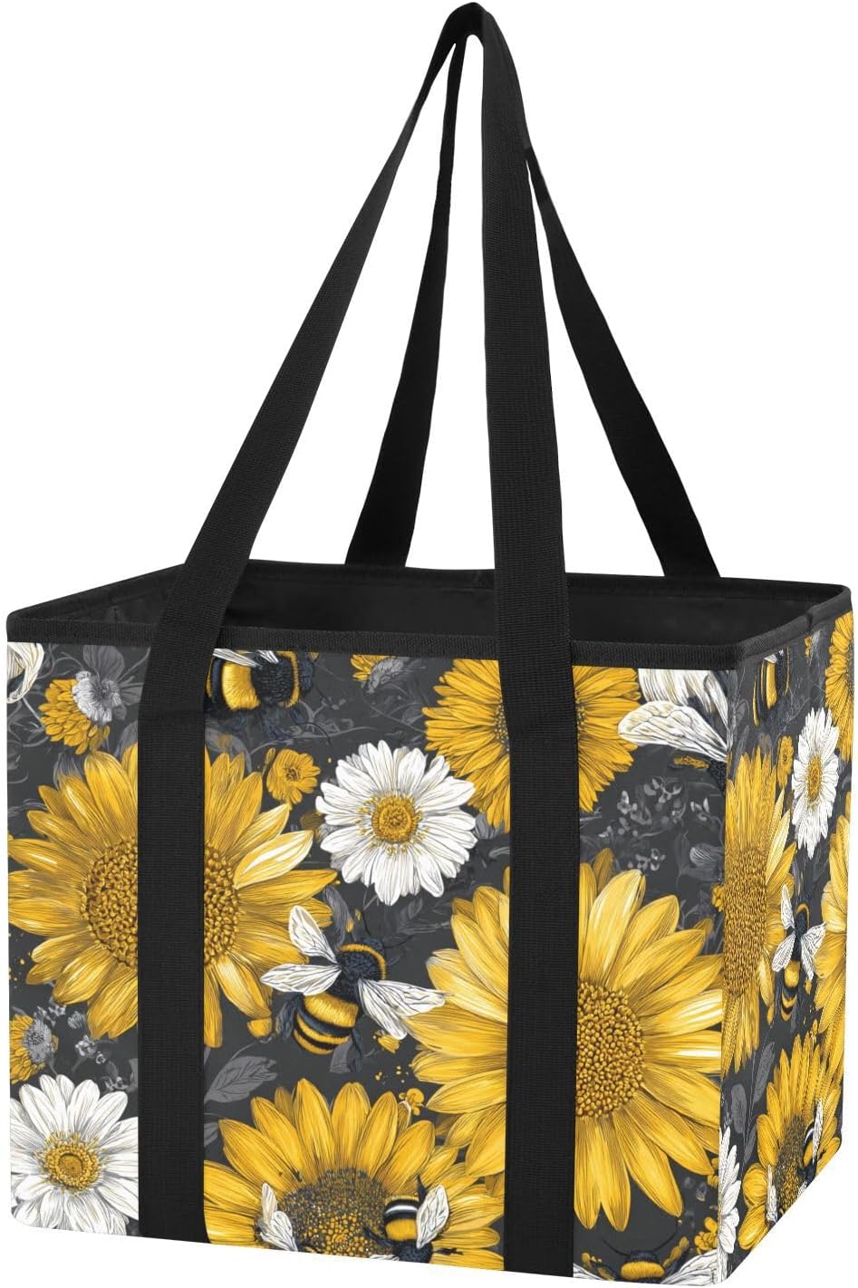 Trunk Organizer Collapsible Car Organizer with Handle Car Storage Box Bin for Groceries SUV Utility Tote Bag Portable Vehicle Container Black Retro Bee and Yellow Sunflower