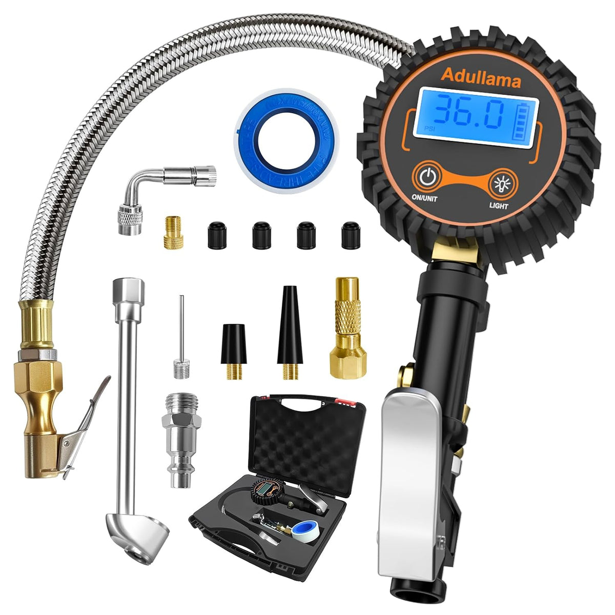 Digital Tire Pressure Gauge with Inflator, 250 PSI Heavy Duty Air Chuck Air Compressor Attachments, Improved Leaks Protection & Stainless Braided Hose Tire Gauge, 0.1 Display Resolution