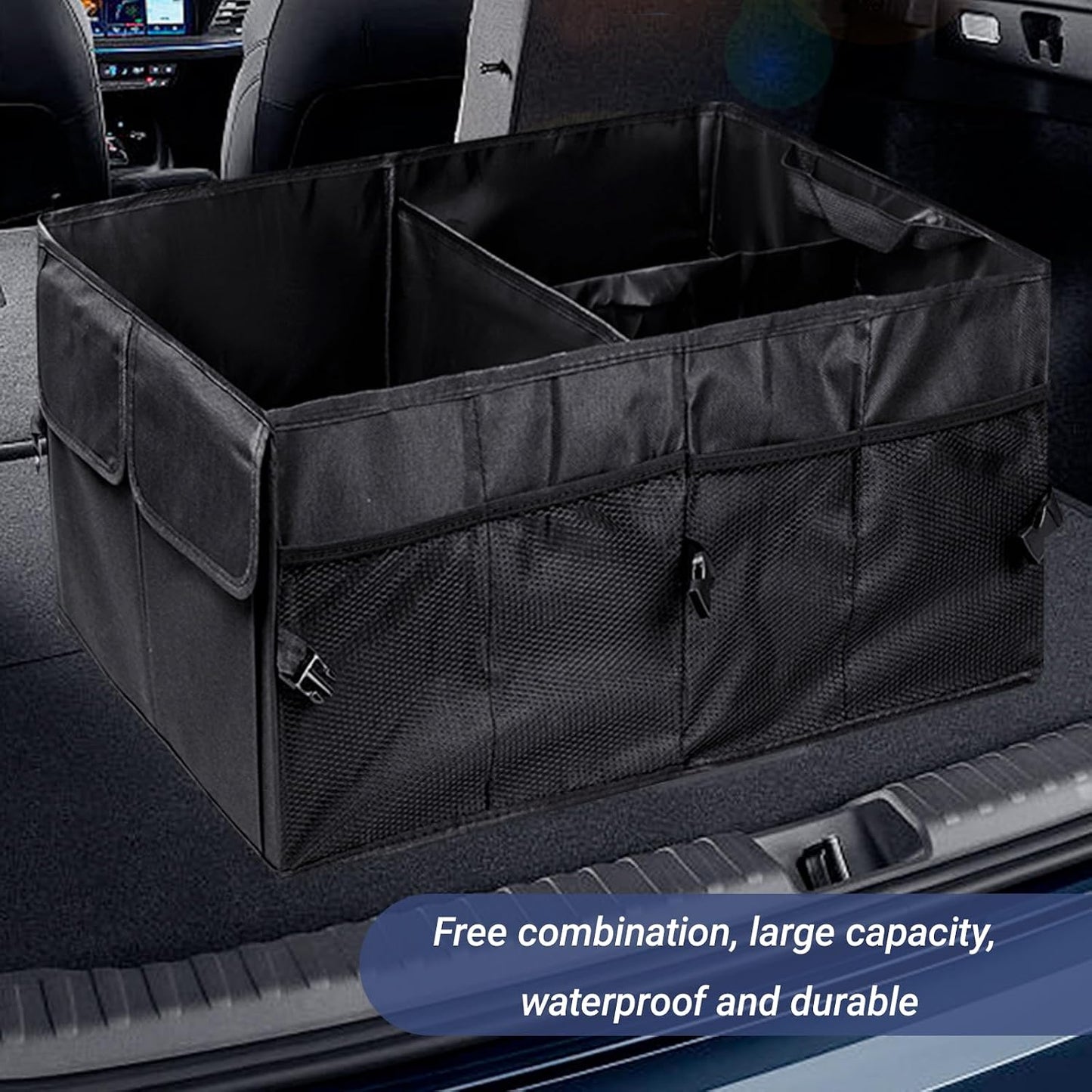 Trunk Organizer for Car Foldable Sturdy Style with 3 Compartments Holds Auto Accessories Tools Automotive Consoles and Organizers For Vehicle Trunk Storage (Black)