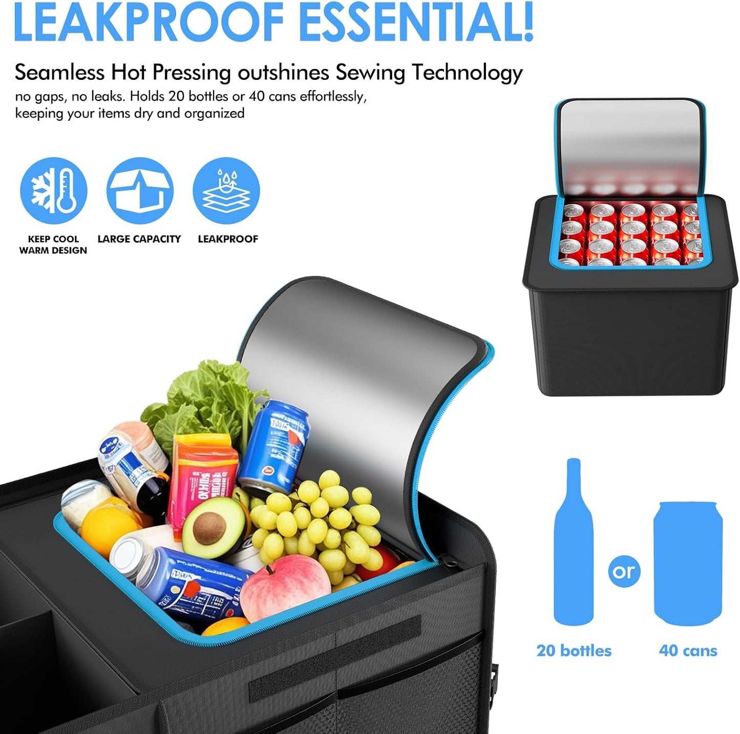 MEI&CO Car Trunk Organizer - 2.5mm PP Board Built, 35L Leakproof Cooler, 105L Capacity, 2 Tie-Down Straps, 4 Adjustable Dividers, Foldable Design for SUVs, Trucks, and Cars