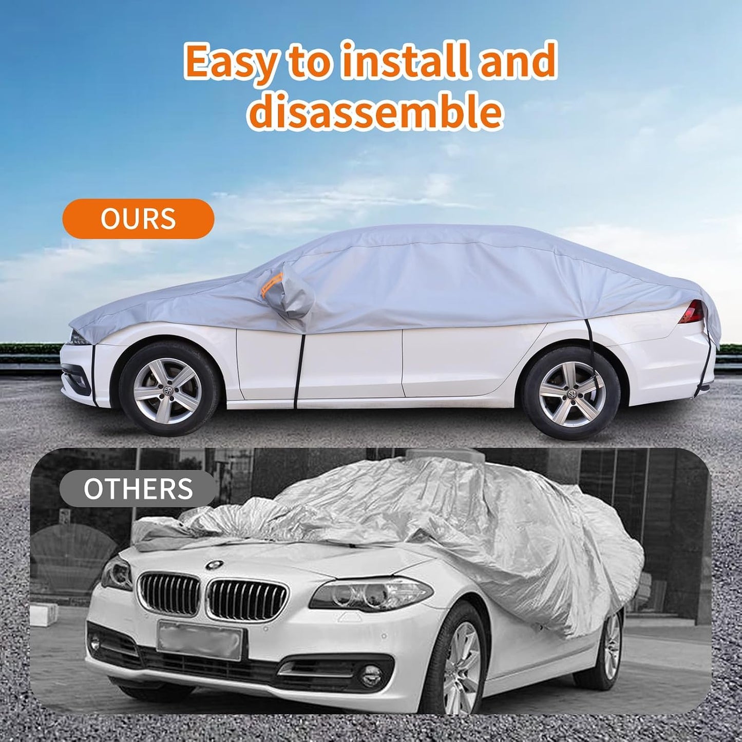 Half Car Cover for Snow Fit Medium/Small Sedans/Coupe Such as Honda Civic, Totota Corolla,Porsche 911 etc.