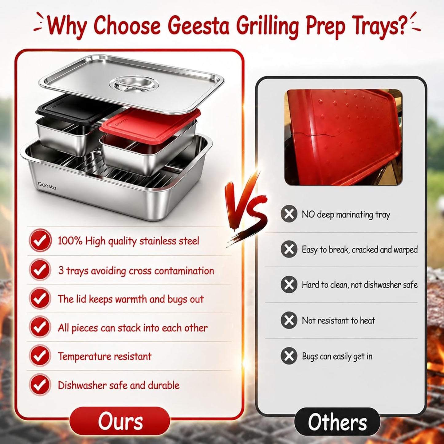 Geesta 5-in-1 Grilling Prep & Serve Tays, Grill Carry System, Stainless Steel BBQ Serving Platter, Marinating Container with Lid & Cutting Board, Outdoor Cooking Grill Accessories, Grilling Gift