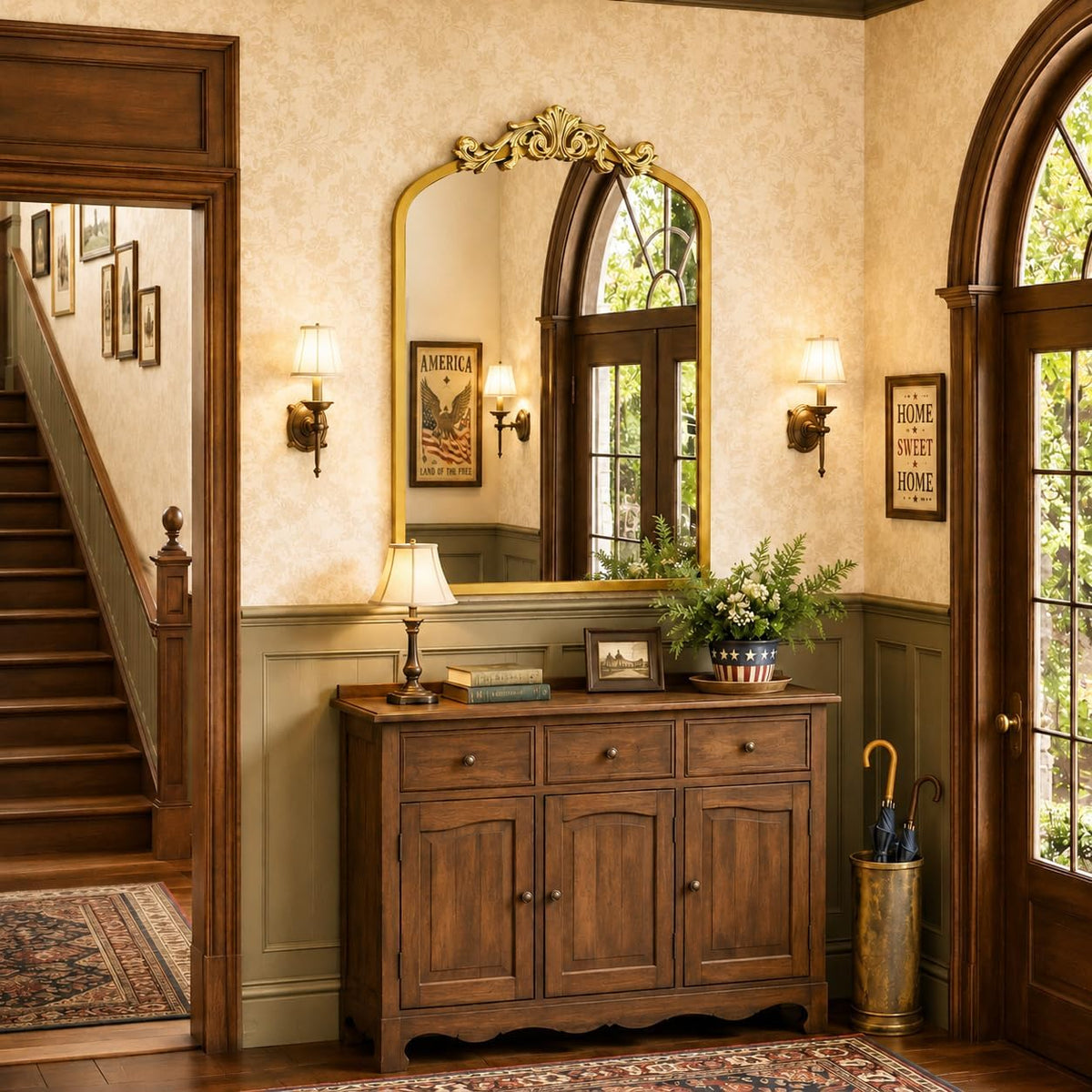 Arched Gold Bathroom Mirror, 24x36 Inch Vintage Vanity Wall Mirror