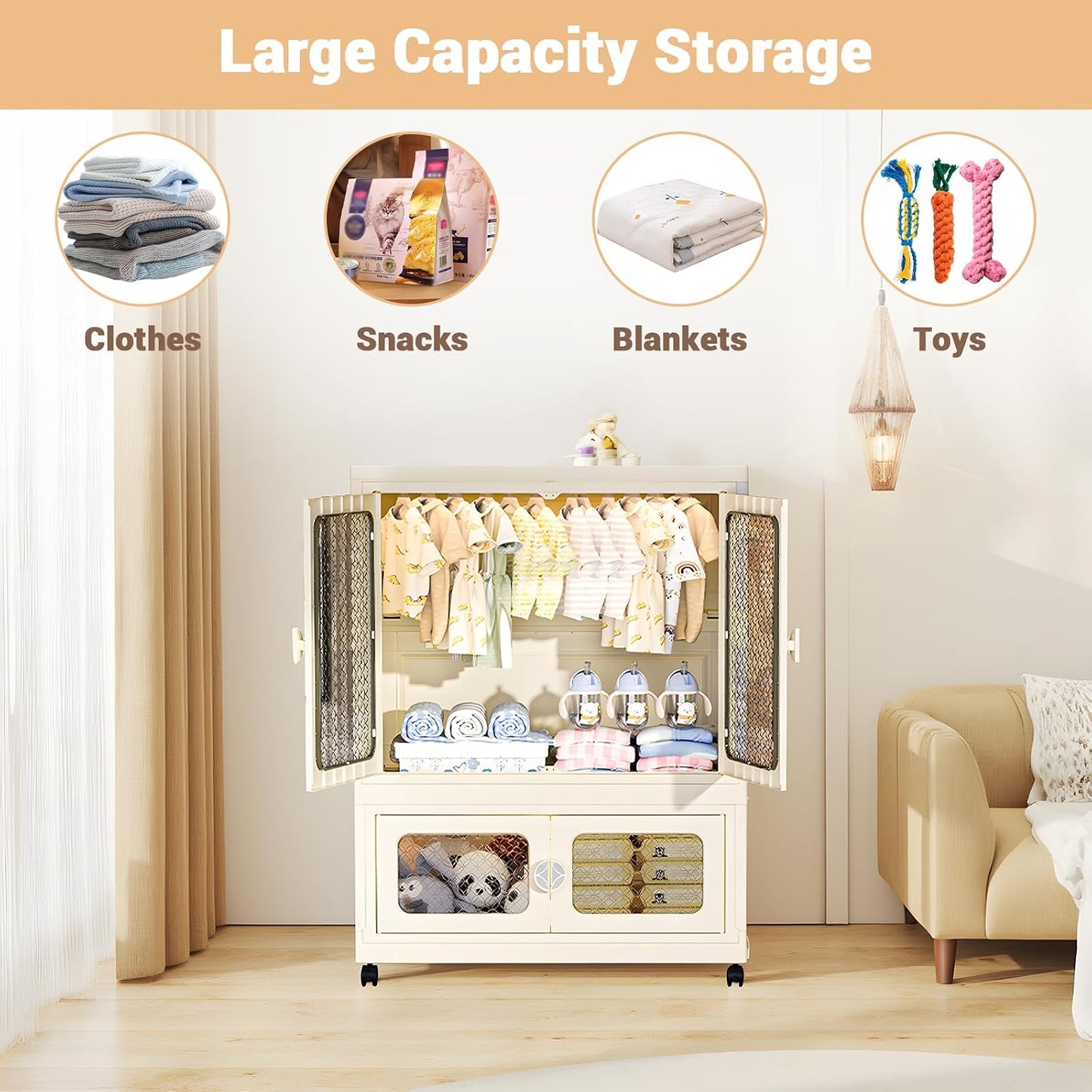 267 QT Stackable Storage Bins With Lids - Closet Organizers and Storage Containers with Wheels, Doors and Hanging Rods, Plastic Large Trunk Car Organizer for Home(Transparent)