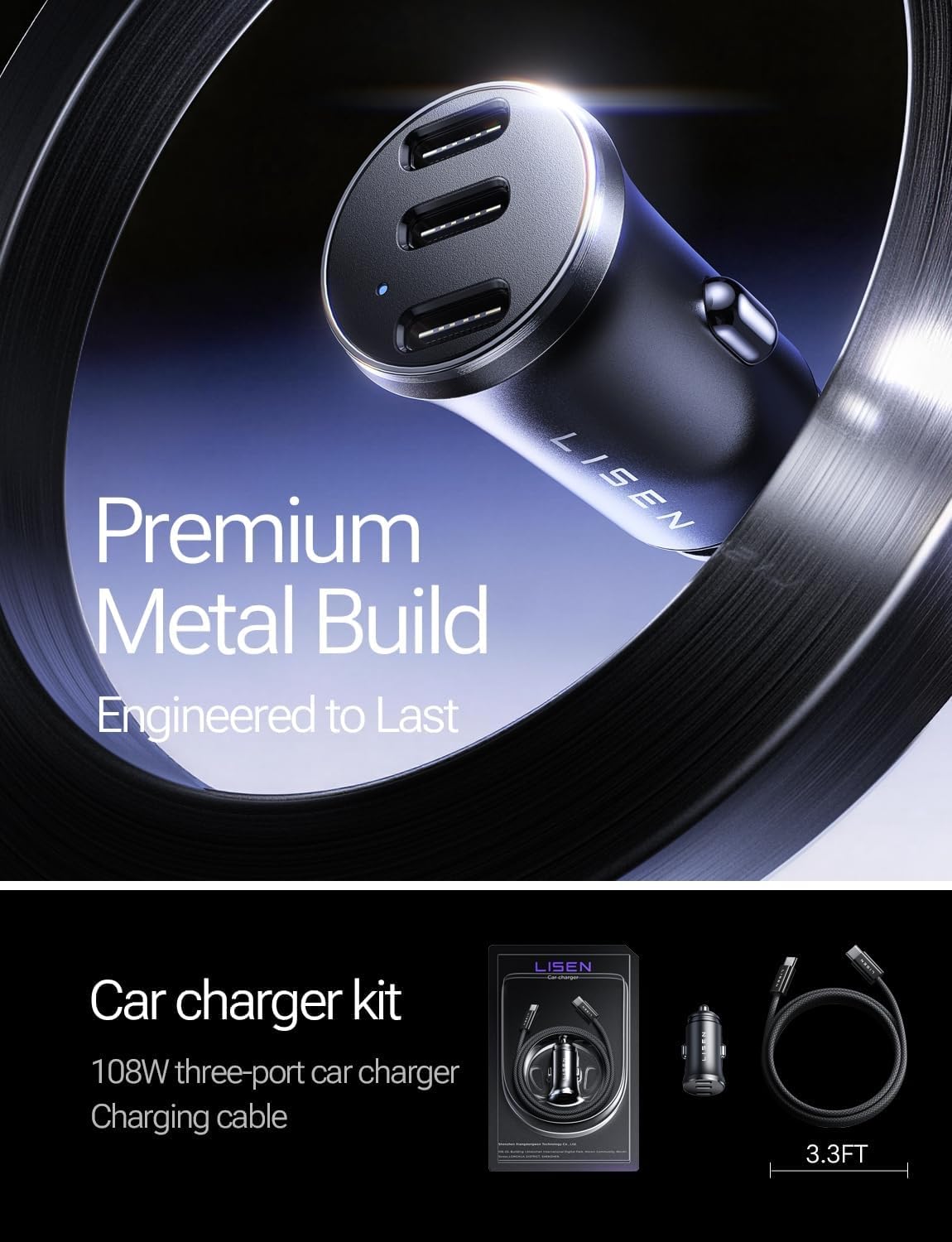 LISEN 108W Car Charger USB C Fast Charging for iPhone Duo 3-Port Cigarette Lighter Adapter Super Fast Charge 12V Type C Cell Phone Automobile Chargers for iPhone 18 17 16 15 Pro Max Samsung S26 Pixel