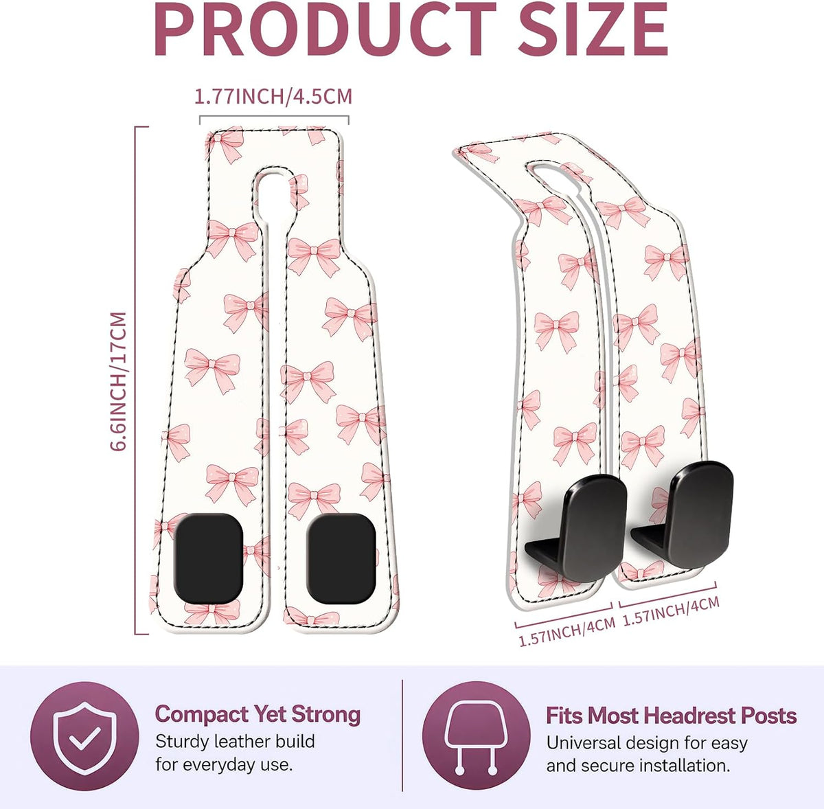 Car Seat Back Storage Hook, Funny Car Purse Hook, Cute Vehicle Storage Organizer for Purses Handbags Cute Pink Bowtie