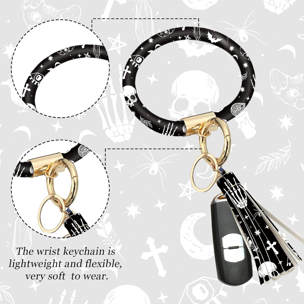 4 Pieces Black Moons White Stars Print Car Accessories Set Black Moons White Stars Steering Wheel Cover with 2 Pieces Car Cup Holder and Leather Keyring for Truck SUV(Horror Pattern)