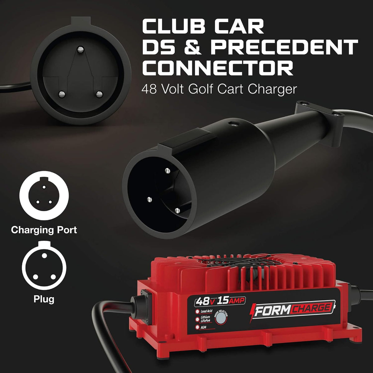 FORM 48 Volt Golf Cart Battery Charger for Club Car Precedent & DS Golf Carts - 48V 15AMP for Lead Acid, LiFePO4, Lithium Batteries
