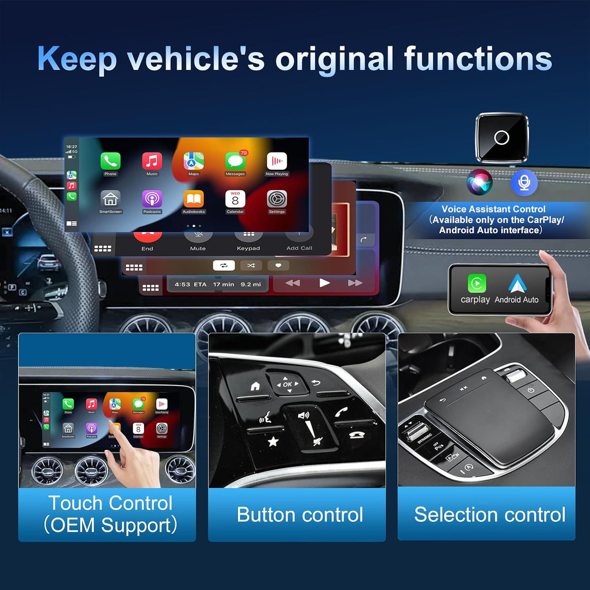 Wireless CarPlay/Android Auto Mini Adapter 2-in-1 Plug&Play Dongle for OEM Wired CarPlayAndroid Auto Cars After 2016 Fast Auto-Reconnect Keep Factory Controls Support iOS 10+ / Android 11+
