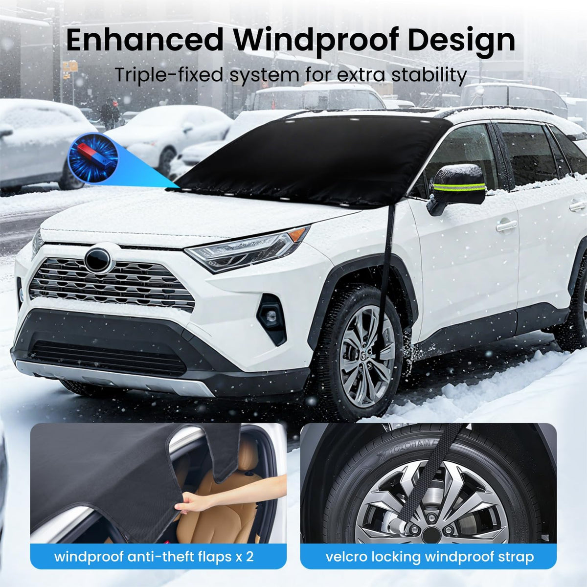 REEVAA Upgraded Car Windshield Cover for Ice & Snow [All-Weather Protection] Magnetic Fit Weatherproof Frost Cover, Car Winter Accessories, Fit for SUVs, Small Trucks, Sedans