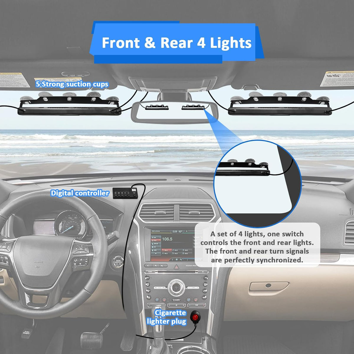 Wsays 4Pcs 2"x 14" White Amber Dash Strobe Interior Warning LED Light Bar