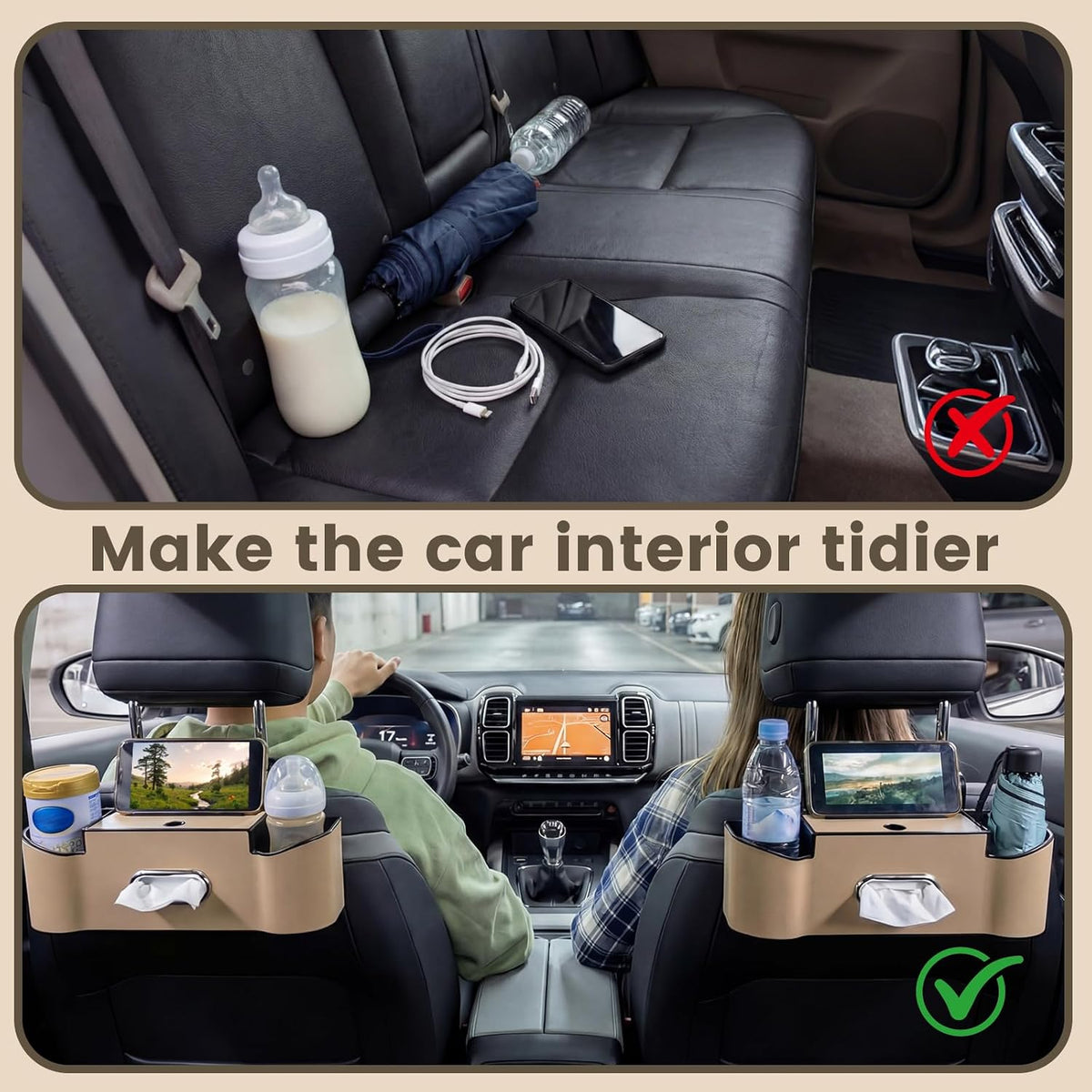 LemonRoad 2 Pack Car Seat Back Storage Box, Tissue 2 Cup Holders, Beige