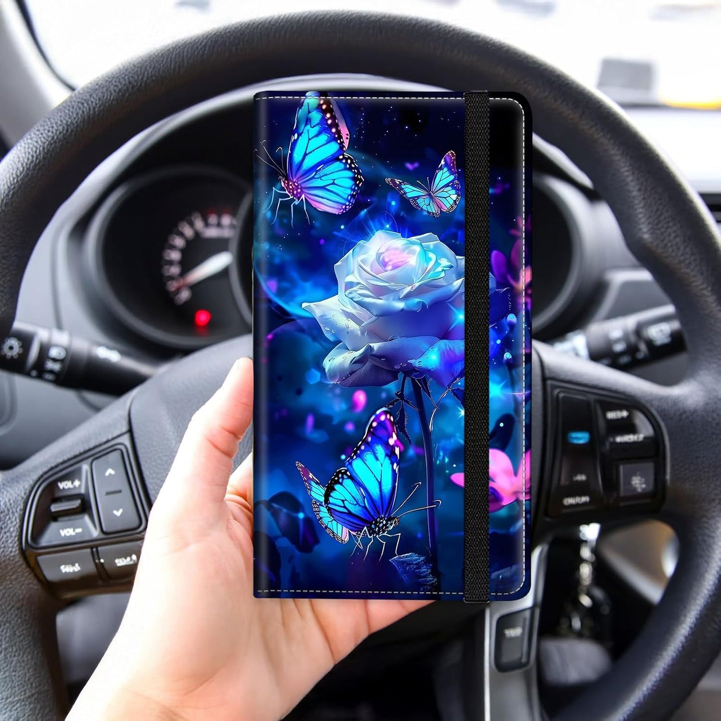 Car Registration and Insurance Card Holder, Trunk Document Holder Organizer, Essential Vehicle Glove Box Organizer Leather Wallet for Driver, Purple Roses Butterflies