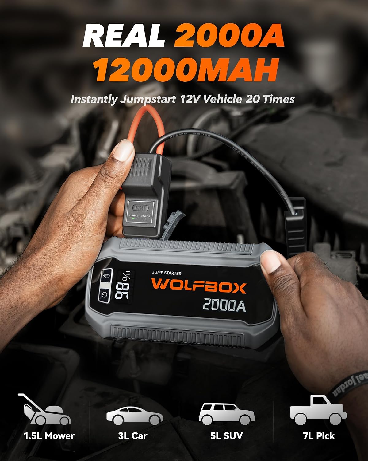 WOLFBOX 2000A &44.4Wh Battery Jumper Starter Portable(7L/6L),with Booster