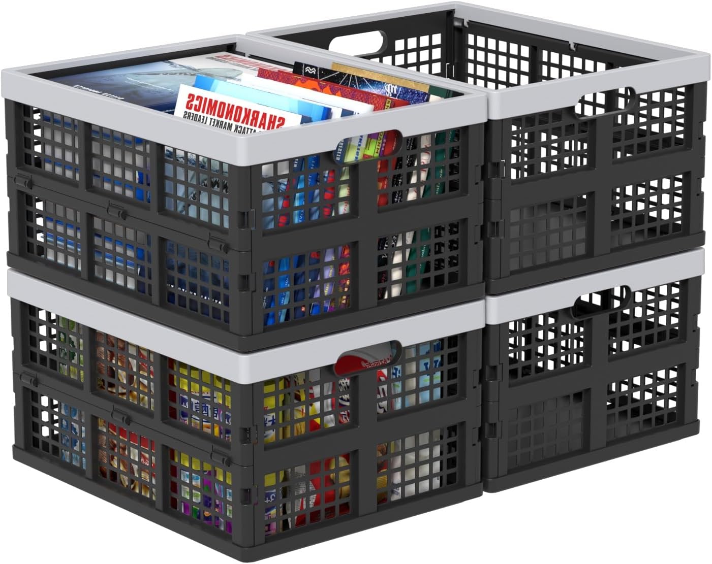 34 L Collapsible Storage Crate, Folding Plastic Crates, 4 Packs | Stackable Foldable Organization Milk Crates