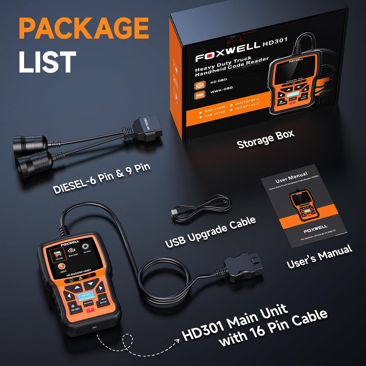 FOXWELL HD301 Heavy Duty Truck Scanner, Full System Diesel Scan Tool with 6/9/16 Pin, 2 in 1 Code Reader for Trucks & Car Engine, Diesel Diagnostic Tool for Cummins, Paccar, Caterpillar