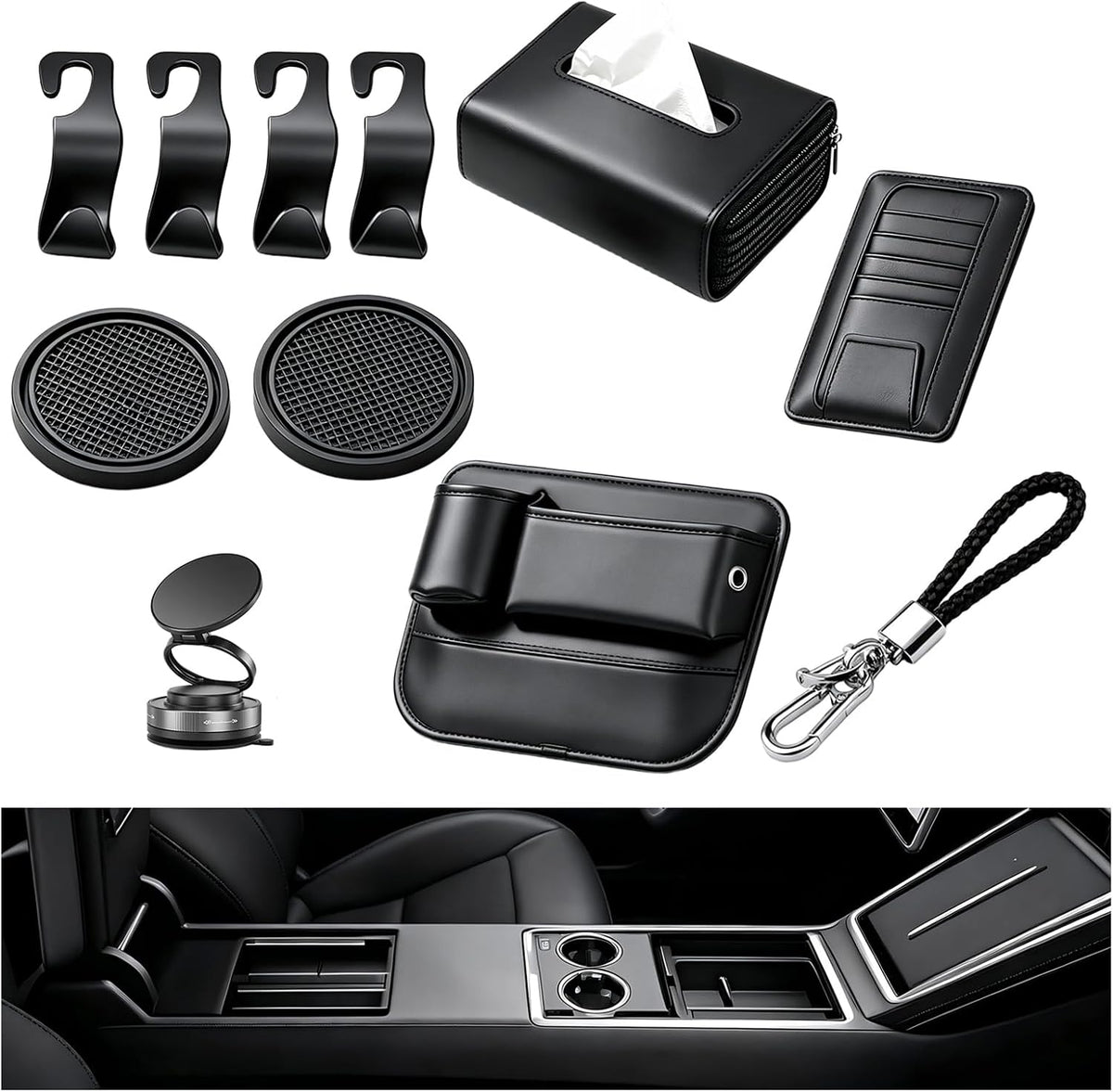 10 PCS Car Interior Organizer Accessories Set, Car Storage Kit with Seat Gap Organizer, Tissue Holder, Sun Visor Card Clip, Headrest Hooks, Cup Coasters & Keychain for Cars, SUVs (10-Pcs)