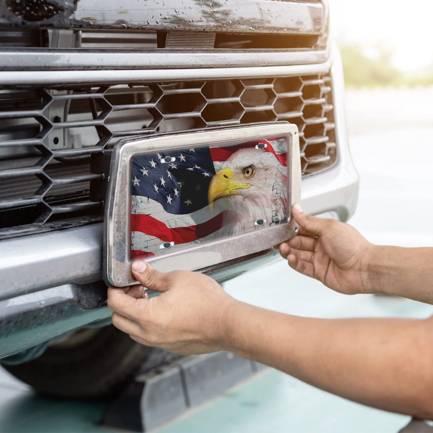 Decorative American Flag Front License Plate with Eagle Novelty Car Sign, 6x12 Inches, Rust Free .040 Aluminum, Fade Resistant, Made in USA