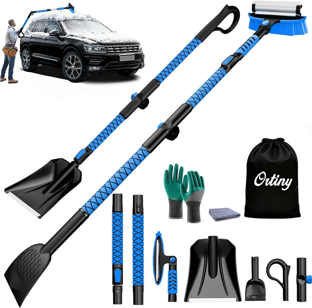 7 in 1 Snow Shovel & Snow Brush Kit with Ice Scrapers for Car Windshield,62.2” Extendable & Bendable Thicken Aluminum Tube for Easy Roof Cleaning,180° Pivoting Brush Head & EVA Grip,Blue