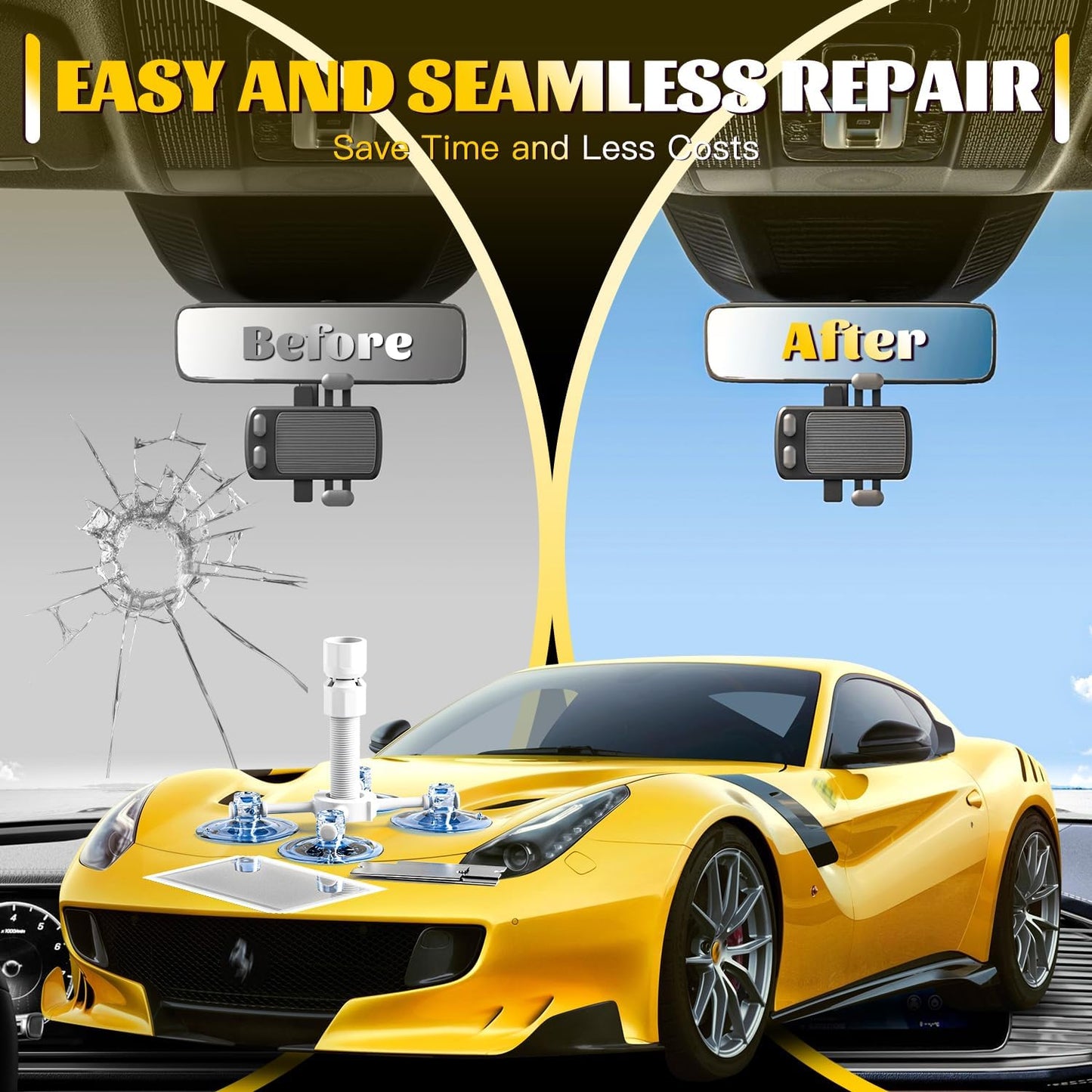 CLAMPER Windshield Crack Repair Kit, Windshield Repair Kit for Chips and Cracks, 4 Pcs Car Glass Repair Kit, Cracks Gone Glass Repair Kit Automotive Quick Fix for Chips, Cracks, Bullseyes (Yellow)
