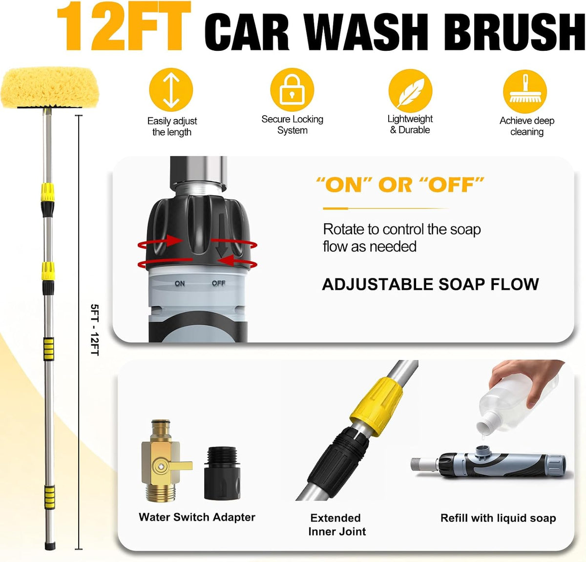 LAANPOLE 12FT Car Wash Brush with Long Handle, Car Cleaning Brush with 12 Inch Soft Bristle and Soap Dispenser, Solar Panels Cleaner with Telescoping Pole for RV, Truck, Boat, House Siding, Yellow