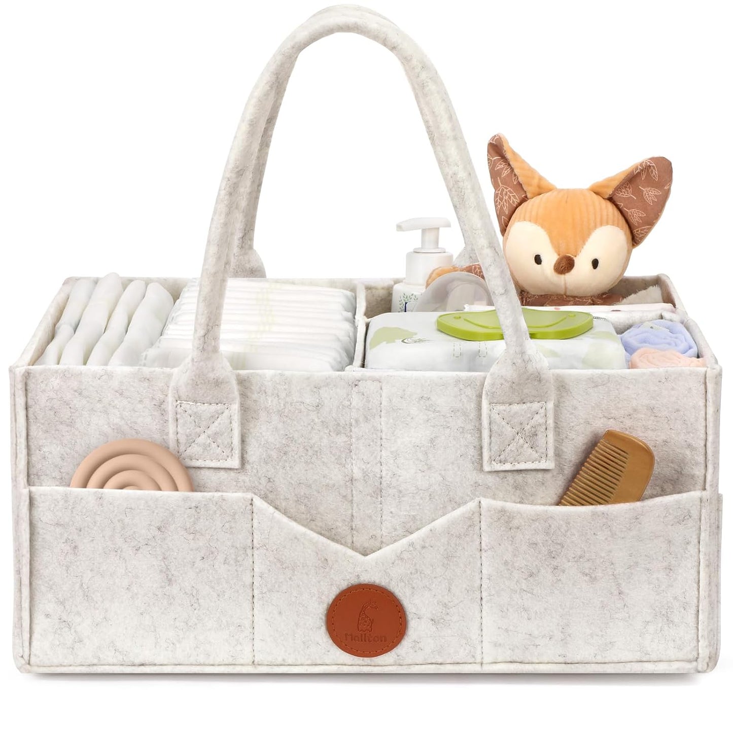 Maliton Baby Diaper Caddy, Nursery Storage Bin & Car Organizer with Handle, Large Felt Bag for Newborn essentials Boy or Girl, Changing Table Organizer for Baby Stuff, 15" x 9" x 7" Baby Shower Basket